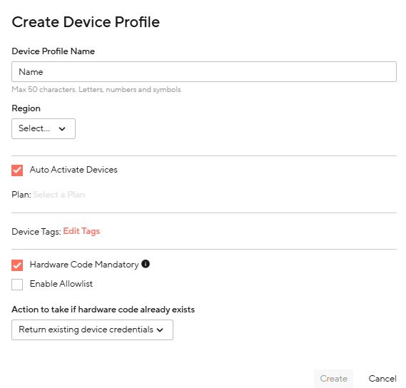 Picture of Create Device Profile options